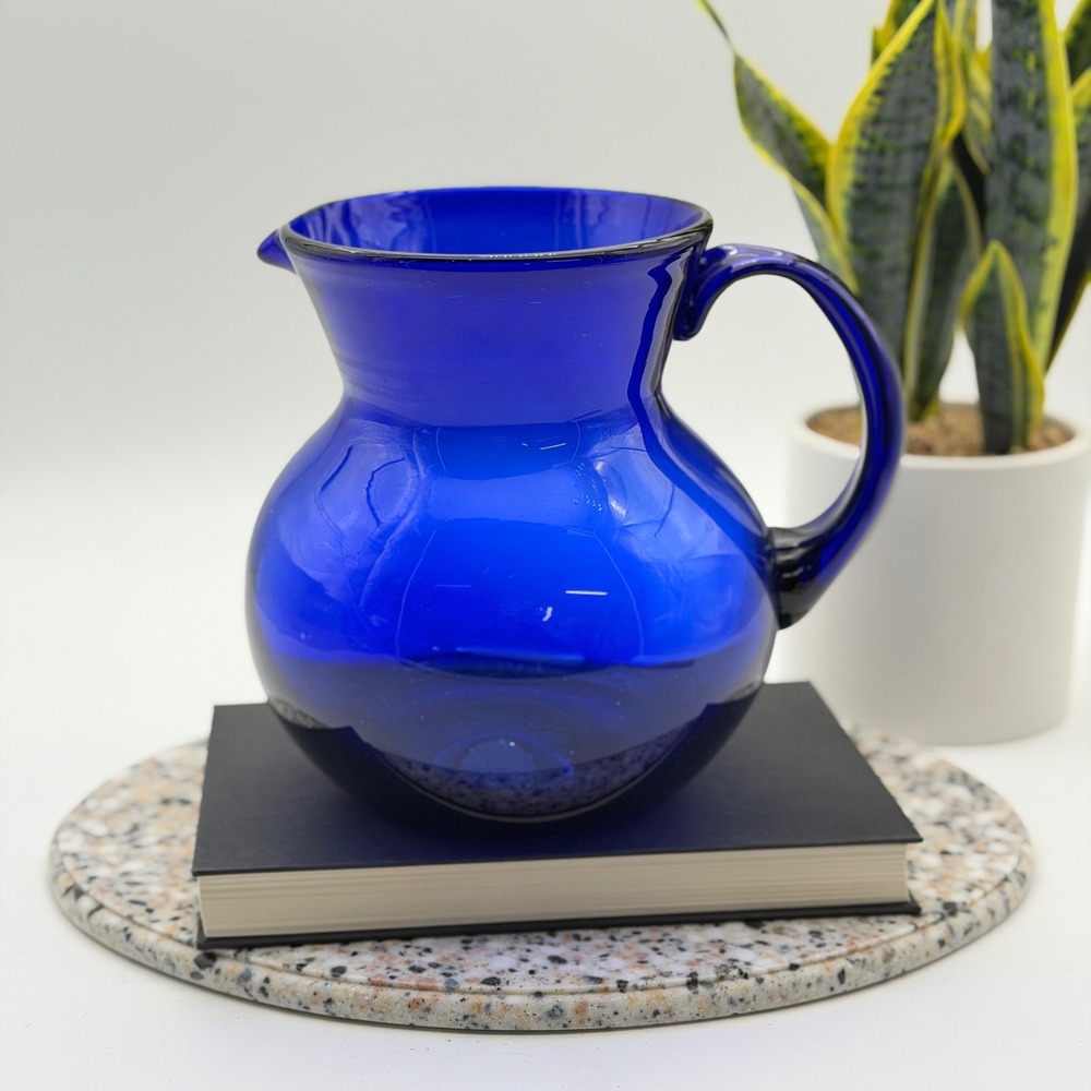 Vintage Cobalt Blue Glass Hand Blown Pitcher With Applied Handle 8"